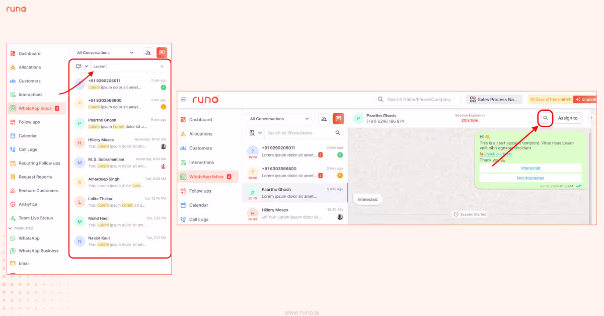 In-chat search icon and WhatsApp search interface