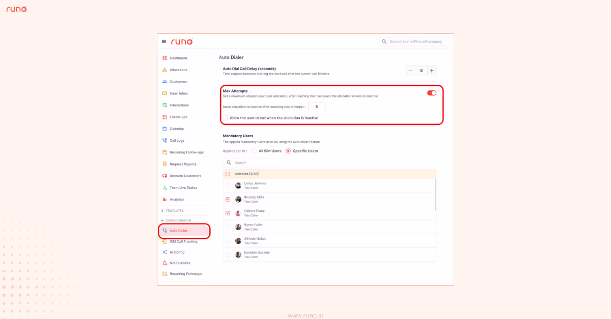 Auto Dialer configuration screen showing maximum attempt settings