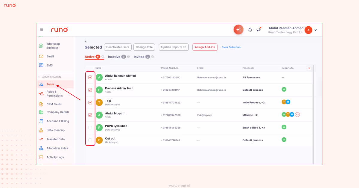 Selecting multiple users in the Team tab for updating reporting manager