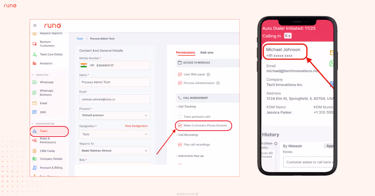 Roles & Permissions view showing number masking settings