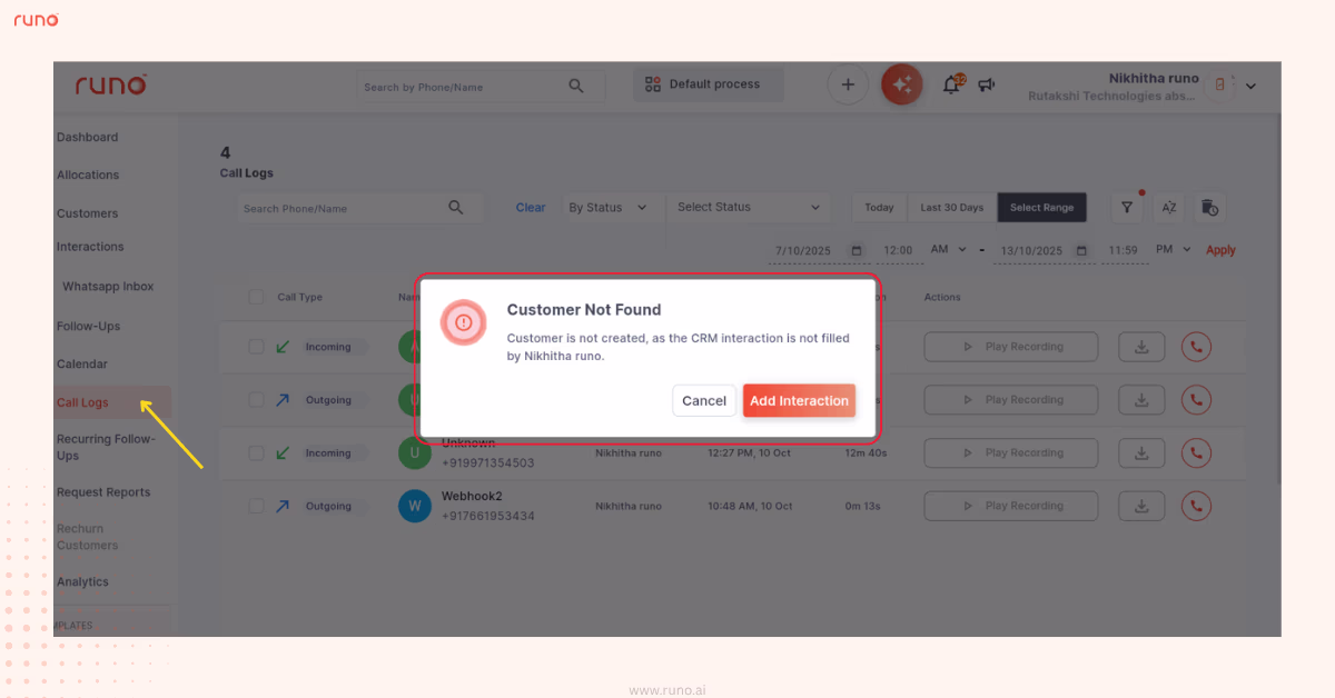 Add interaction for unknown number in Call Logs screenshot