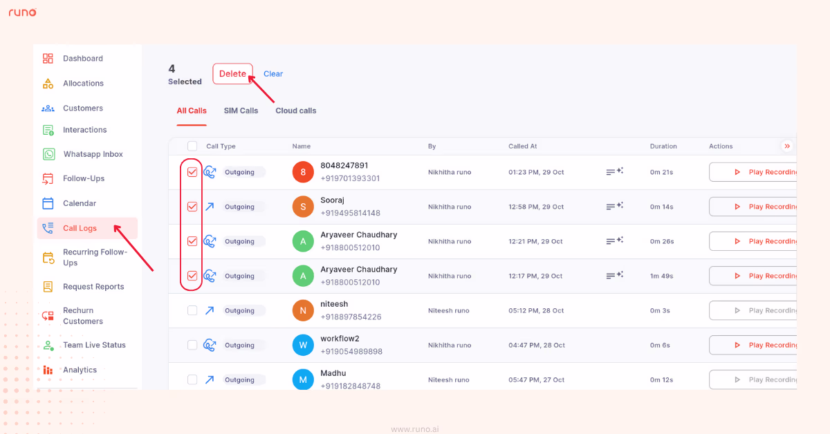 Selecting multiple call logs to delete from Call Logs web view screenshot