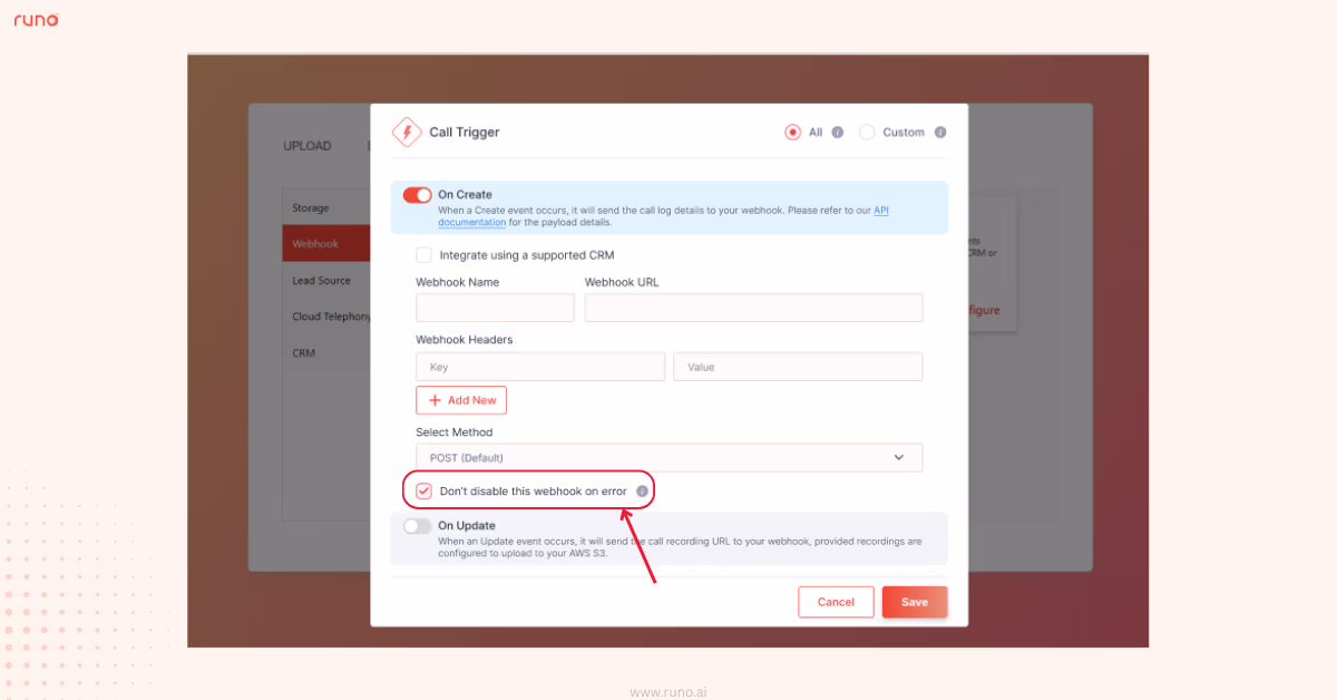 Webhook configuration screen showing error handling options screenshot