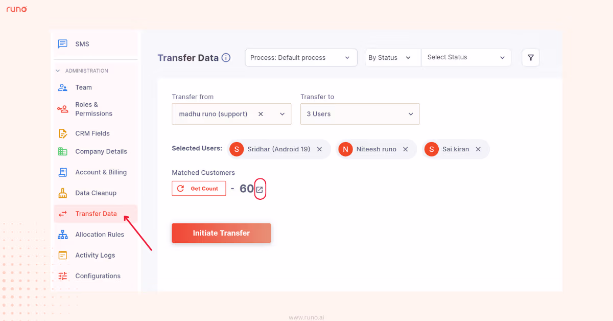 Transfer data to multiple users UI screenshot