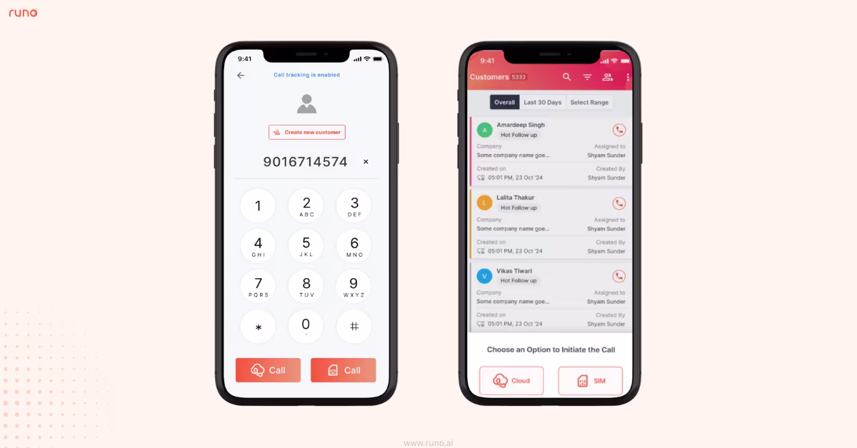 Hybrid Calling feature in Runo v6.2 showing SIM and Cloud options