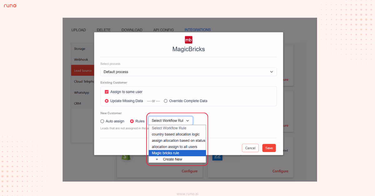 Lead source integration with allocation rule selection