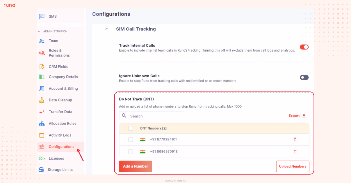 Do Not Track List management screen in SIM Call Tracking