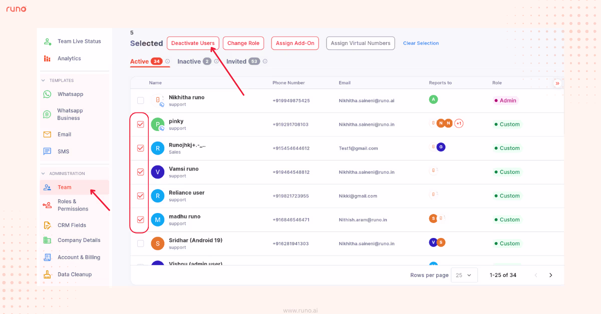 Deactivate multiple users in Team tab