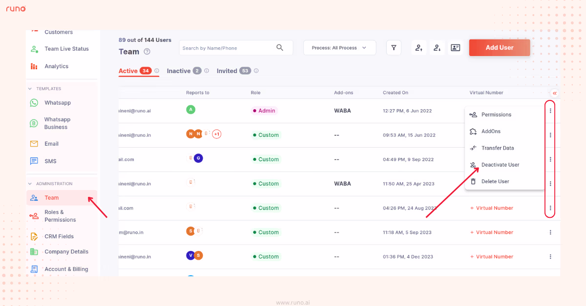 Deactivate single user using three dots menu