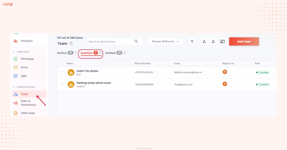 Inactive tab showing deactivated users for reactivation