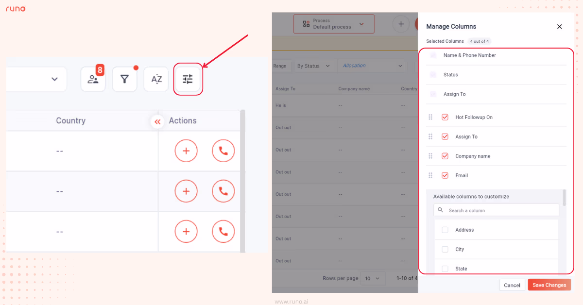 Manage Columns feature for customizing table view