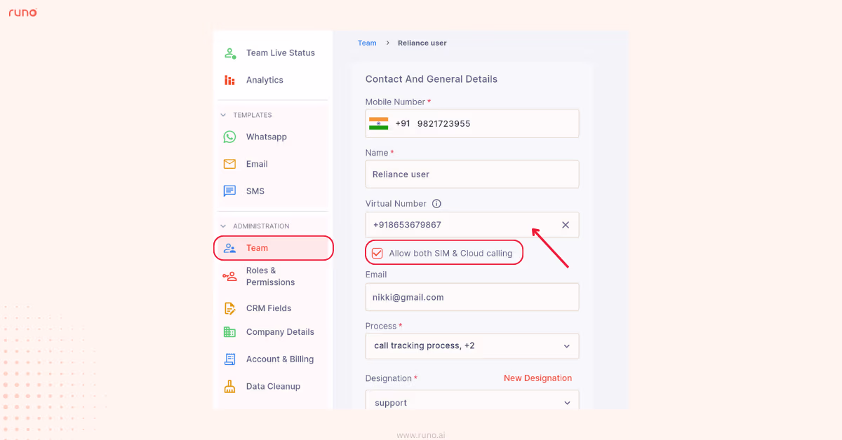 Assign Virtual Number to individual user in User Details Page