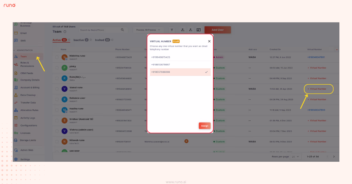 Assign Virtual Number using + Virtual Number option in Teams tab
