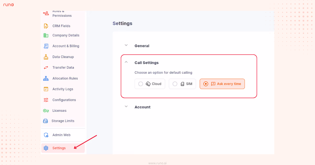 Settings screen for default calling mode selection