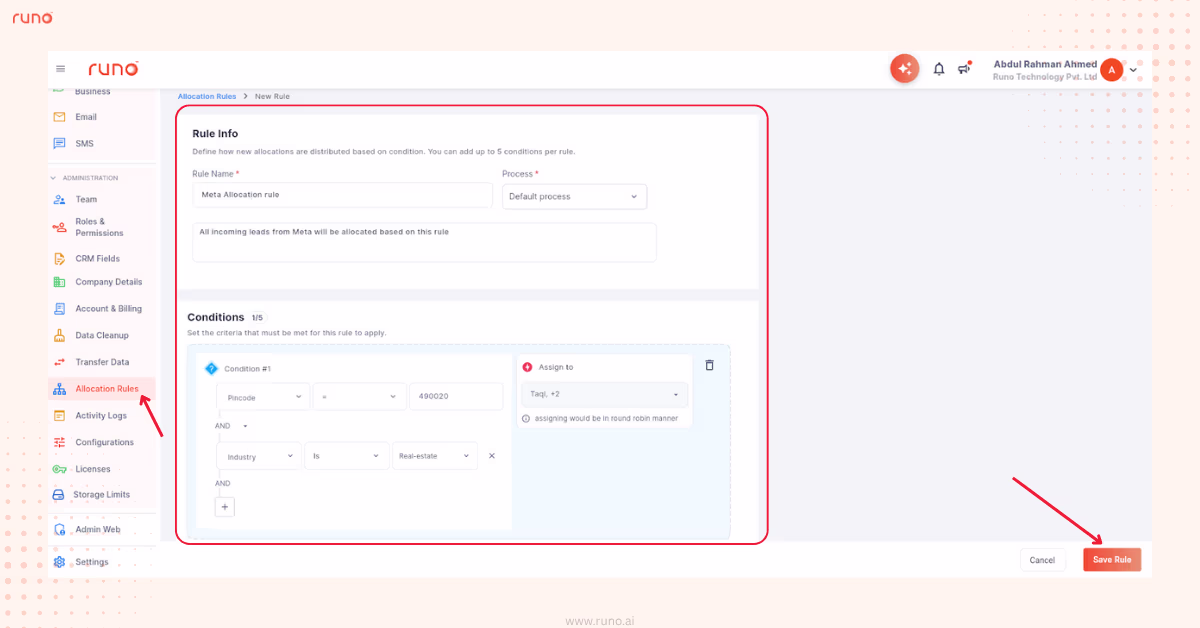 Allocation Rules configuration with conditions and assignment options