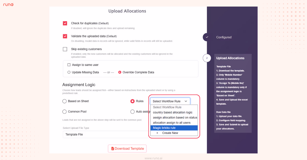 Bulk lead allocation with rule selection