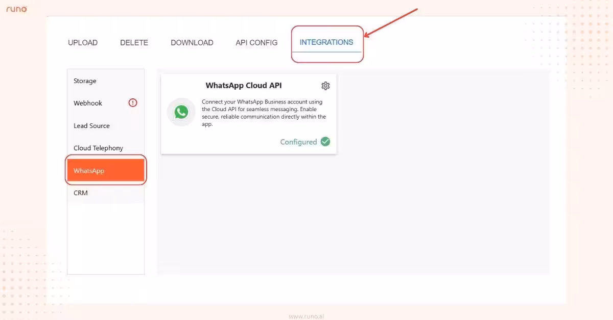 Integrations > WhatsApp Cloud API connection screen in Runo admin web