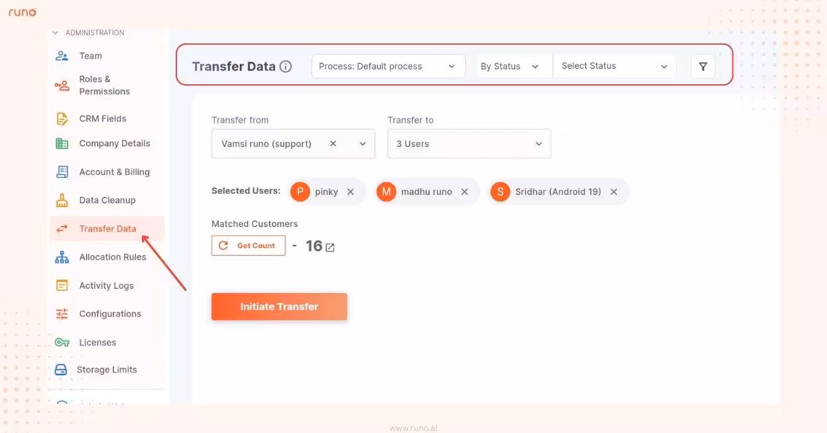 Transfer Data page showing filters, counts, and unmatched data handling