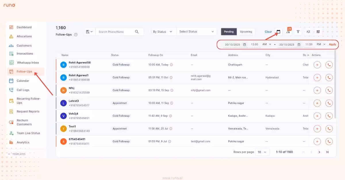 Follow-ups page with date range selector calendar UI