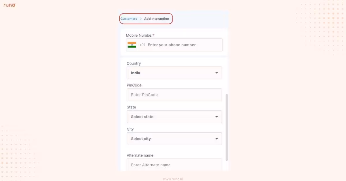 Customer form showing pincode auto-fill that populates city and state dropdowns