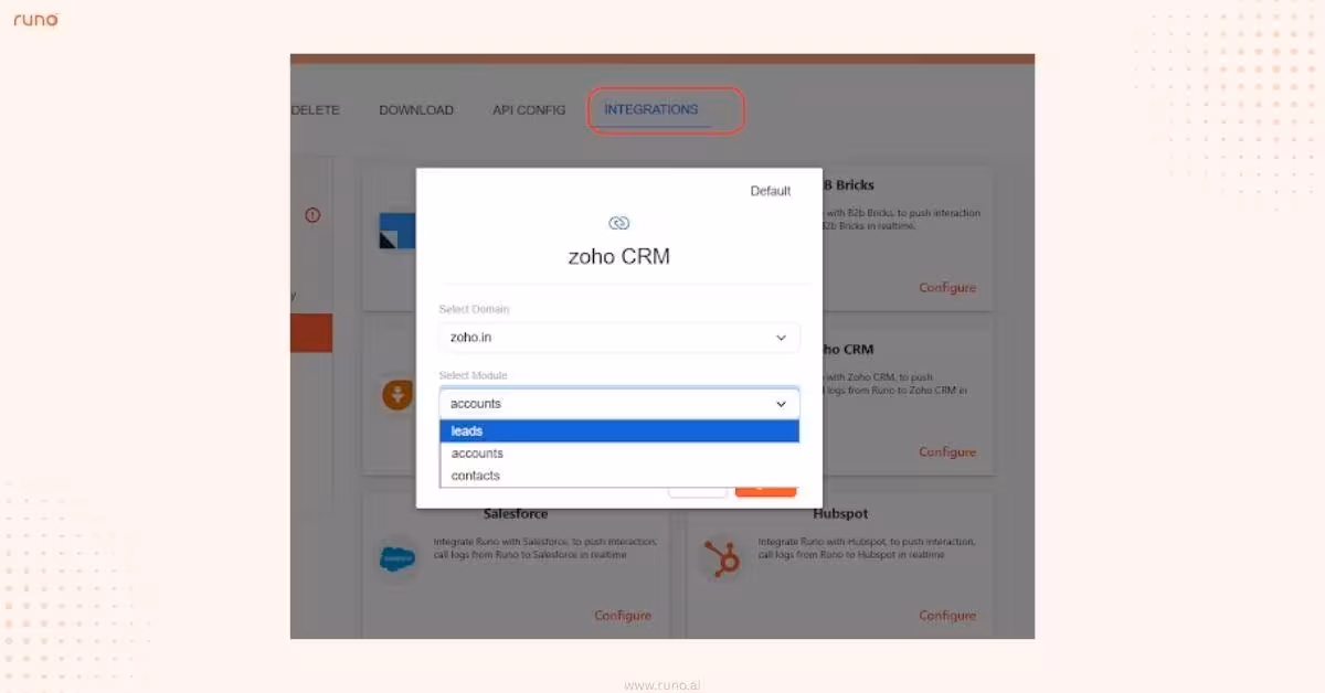 Zoho integration configuration mapping Accounts and Contacts modules to Runo
