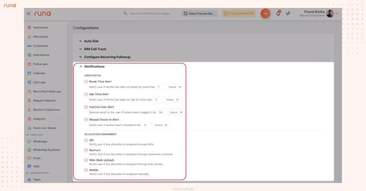 Admin Configuration page showing notification setup and management options