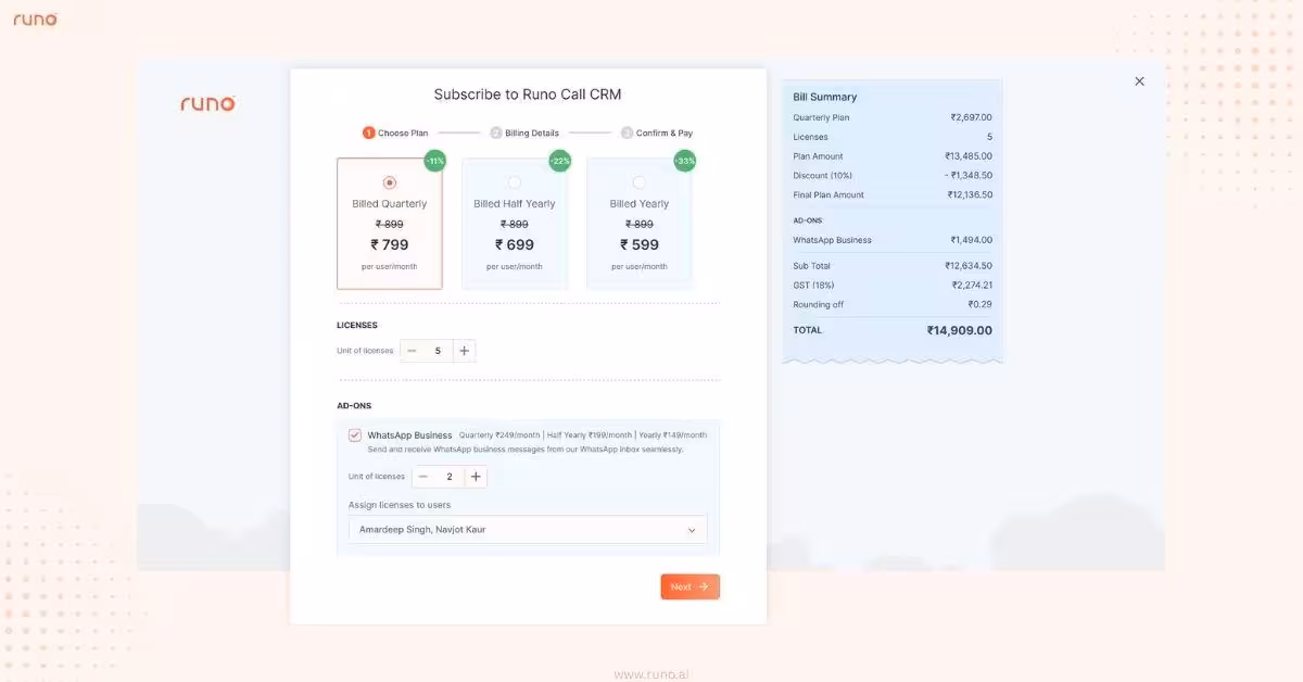 Billing flow screen showing subscription change and confirmation details