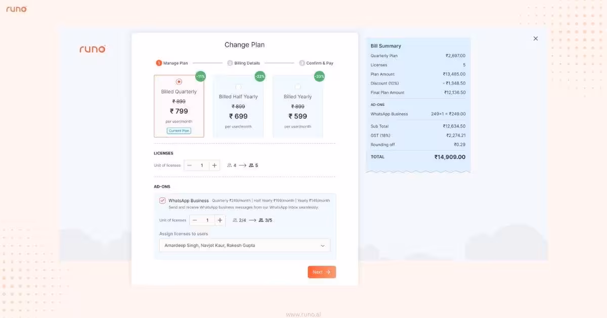Account & Billing page options for modifying an inactive plan, billing cycle and add-ons