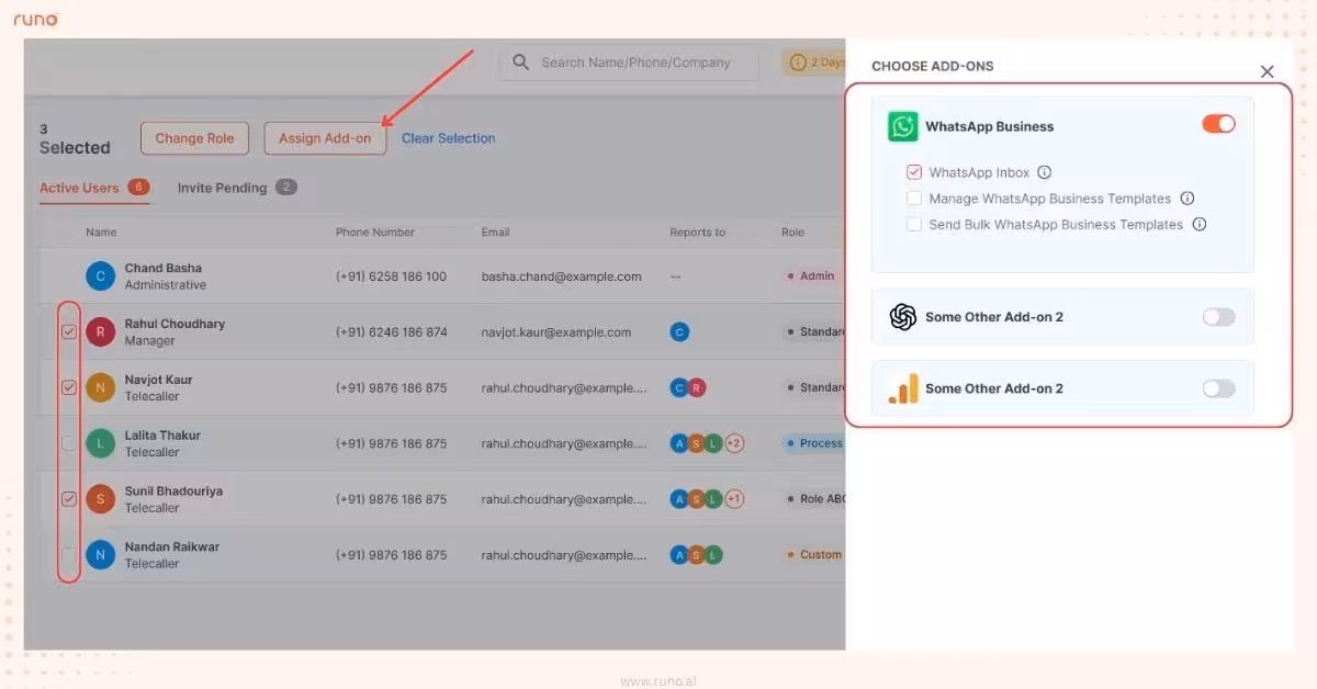 Team section showing multiple users selected and Assign Add-on button for WhatsApp access