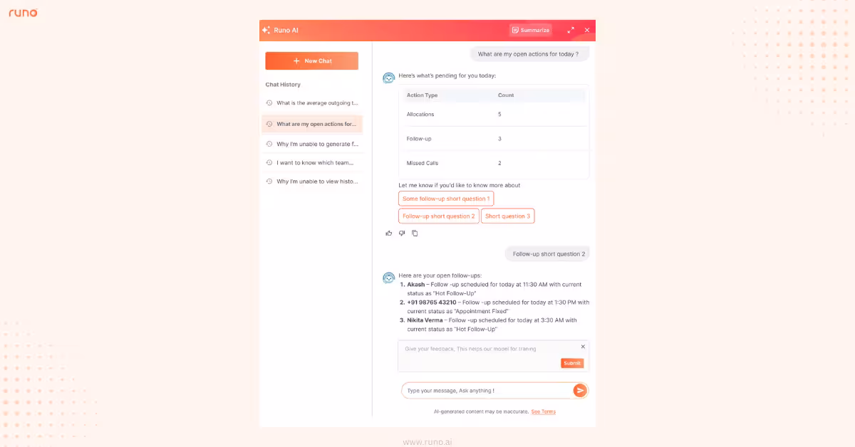 Runo AI Copilot chat interface with example query and suggested follow-ups