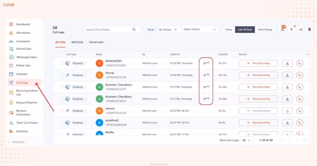 Call Logs showing AI Insights icon next to eligible calls